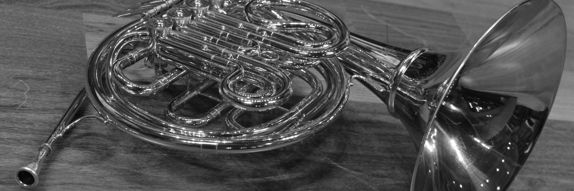 Image: French horn lying on hardwood floor